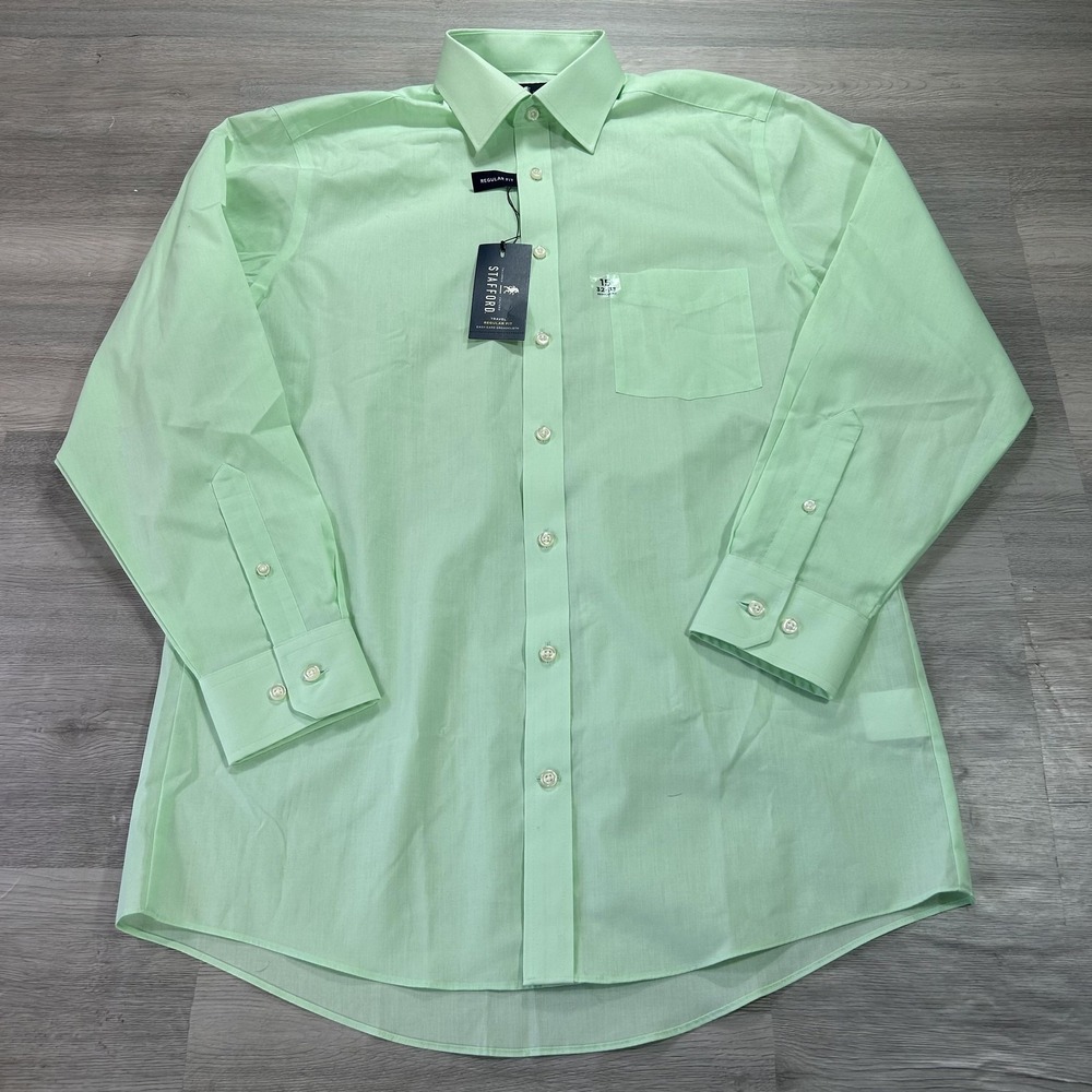 NEW Stafford Dress‎ Shirt Mens 15 32/33 Green Travel Regular Fit Broadcloth